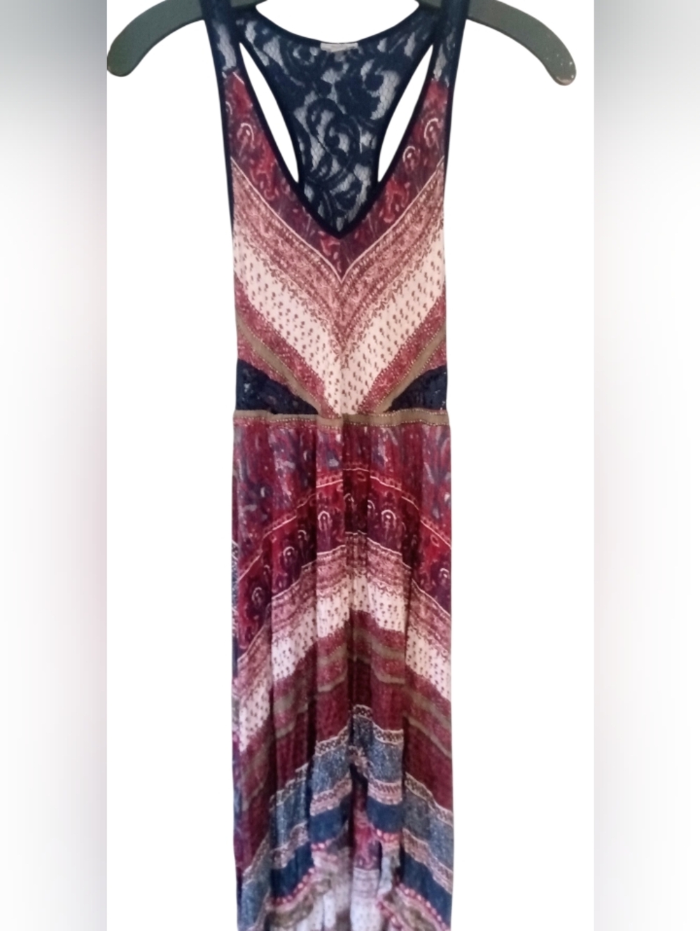 Ecote High Low Bohemian Maxi Dress Blue/Red Graphic Print Size XS 100% Rayon